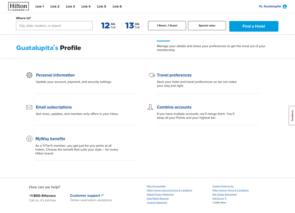 Screenshot of Hilton Honors profile landing page