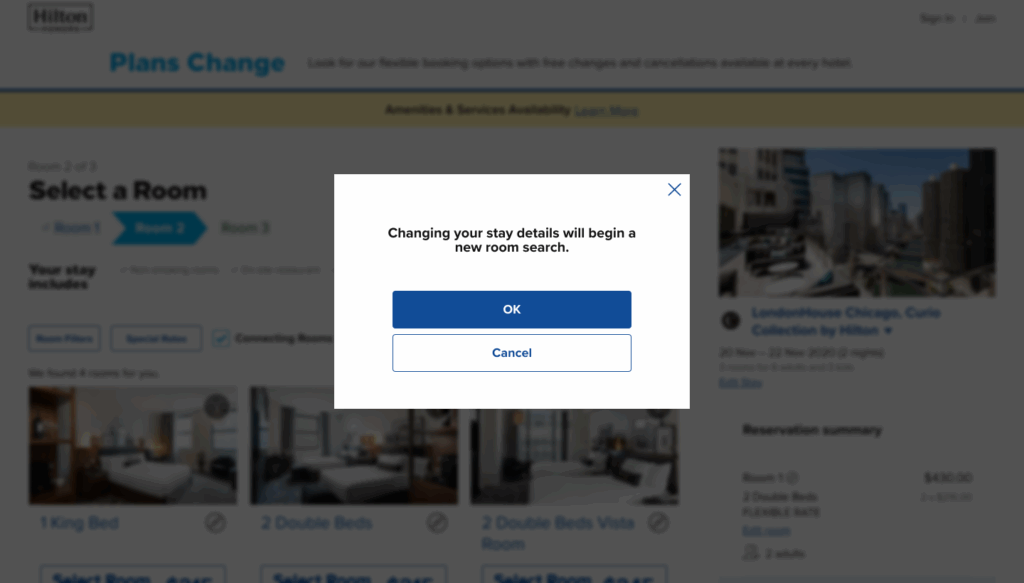 Modal alert that reads, Changing your stay details will begin a new room search.