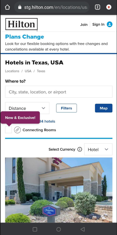 Screenshot of the Hilton website. A flag labeled New and Exclusive! displays over the Connecting Rooms checkbox.