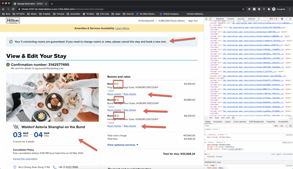 View and edit your stay page in staging. Three connected rooms are selected, indicated by a link icon and an alert bar.