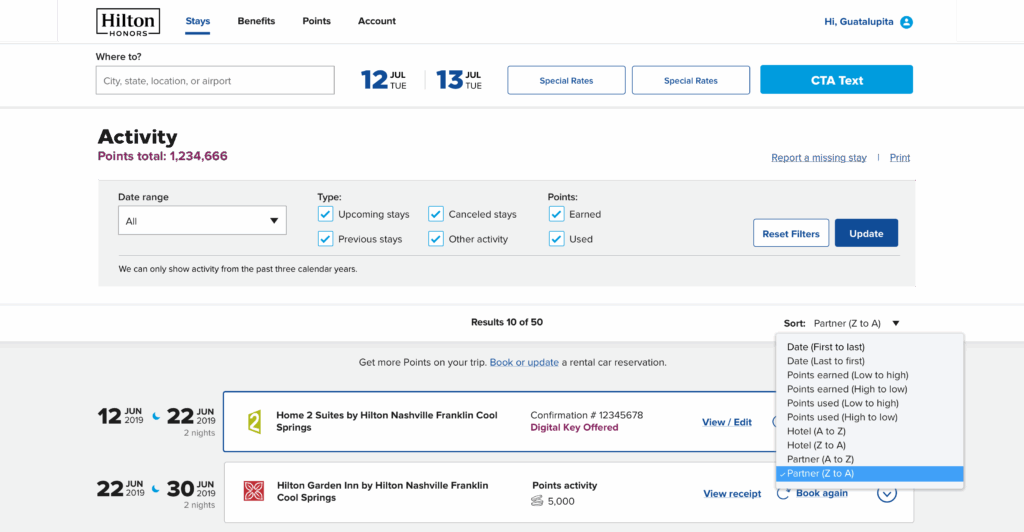 Screenshot of Hilton Honors activity page